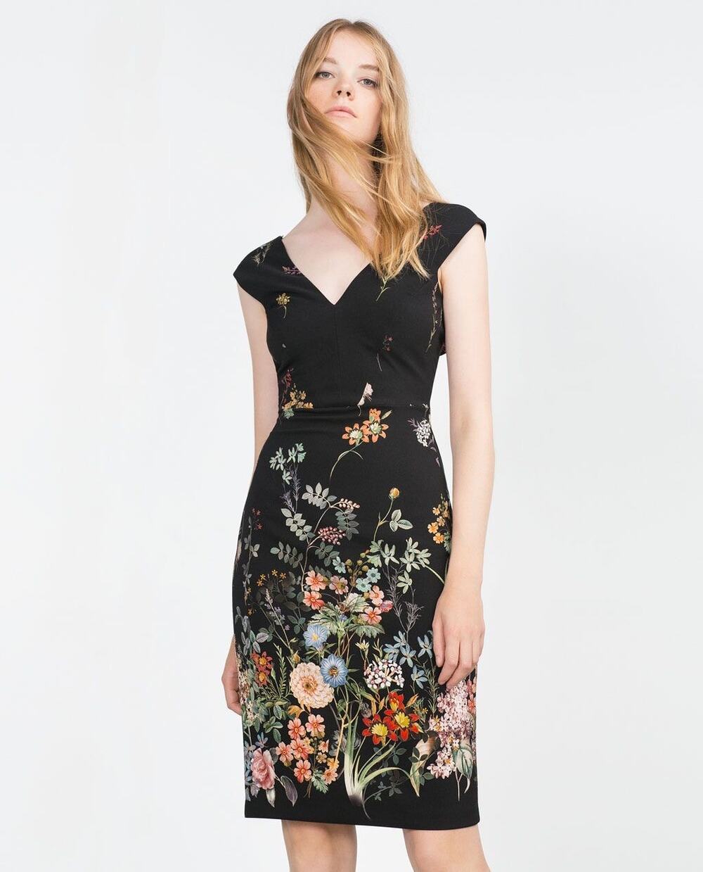Zara Woman Black V Neck Cap Sleeve Floral Knee Length Sheath Dress Size XS